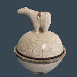 Zuni Inspired Fetish Horse Bear Raku Pottery Bowl With Lid - READ